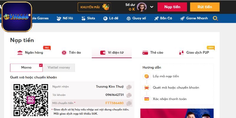 Phương thức thanh toán VN666 đơn giản qua ví